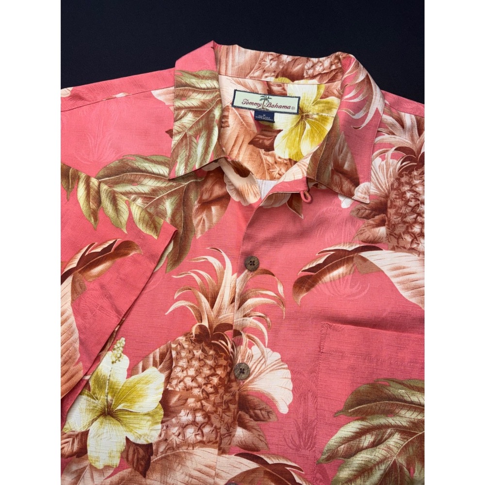 Tommy Bahama Relax Mens Med Silk Pineapple Hibiscus Tropical Hawaiian Shirt Pink